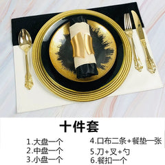 Hotel Table Setting Household Bone China Set Black Golden Edge Luxury Model Room Tableware Flat Plate Western Food/Steak Dinner Plate Dish - SHOWLU FASHION STORE