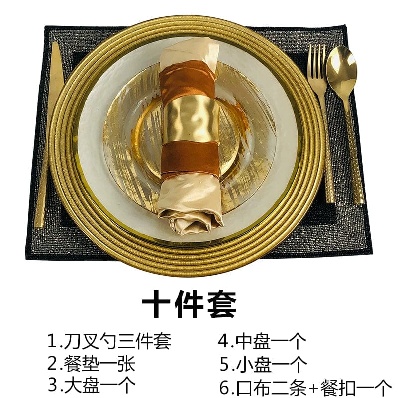 Hotel Table Setting Household Bone China Set Black Golden Edge Luxury Model Room Tableware Flat Plate Western Food/Steak Dinner Plate Dish - SHOWLU FASHION STORE