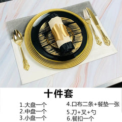 Hotel Table Setting Household Bone China Set Black Golden Edge Luxury Model Room Tableware Flat Plate Western Food/Steak Dinner Plate Dish - SHOWLU FASHION STORE