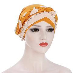 Indian Muslim Women Two Color Hijab Milk Silk Chemical Hat Braided Bead Hijab Islamic Hijab Ladies Bicolor pearl Baotou Cap - SHOWLU FASHION STORE