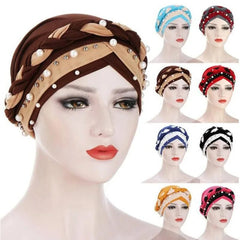Indian Muslim Women Two Color Hijab Milk Silk Chemical Hat Braided Bead Hijab Islamic Hijab Ladies Bicolor pearl Baotou Cap - SHOWLU FASHION STORE