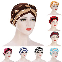 Indian Muslim Women Two Color Hijab Milk Silk Chemical Hat Braided Bead Hijab Islamic Hijab Ladies Bicolor pearl Baotou Cap - SHOWLU FASHION STORE