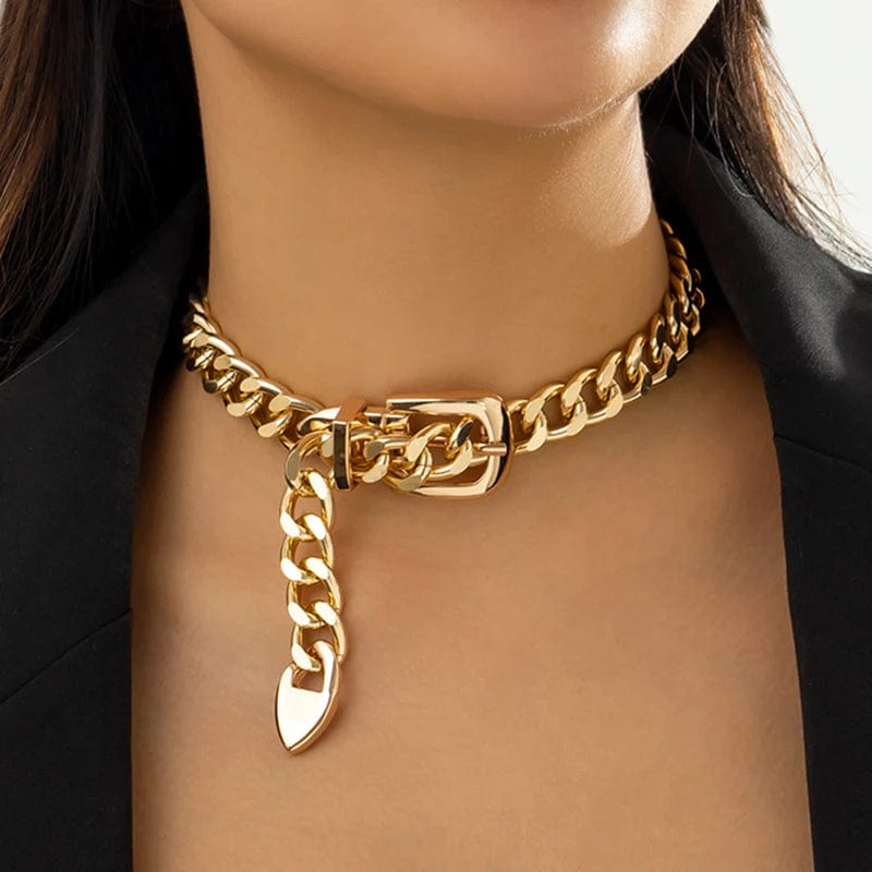 Ingemark Exaggerated Heavy Metal Belt Choker Necklace for Women Punk Thick Chunky Clavicle Chain Grunge Jewelry Steampunk Men - SHOWLU FASHION STORE
