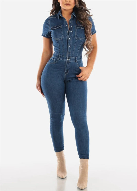 Jeans Stretch Jumpsuit Sexy Women Turn Down Collar Skinny Blue Denim Casual Overalls Rompers - SHOWLU FASHION STORE