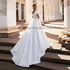 Jiayigong Gorgeous Ball Gown Wedding Dresses Off The Shoulder V Neck Simple Satin Sweep Train Corset Bridal Dress - SHOWLU FASHION STORE