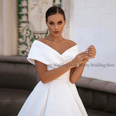 Jiayigong Gorgeous Ball Gown Wedding Dresses Off The Shoulder V Neck Simple Satin Sweep Train Corset Bridal Dress - SHOWLU FASHION STORE