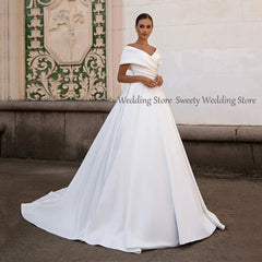 Jiayigong Gorgeous Ball Gown Wedding Dresses Off The Shoulder V Neck Simple Satin Sweep Train Corset Bridal Dress - SHOWLU FASHION STORE