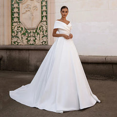Jiayigong Gorgeous Ball Gown Wedding Dresses Off The Shoulder V Neck Simple Satin Sweep Train Corset Bridal Dress - SHOWLU FASHION STORE