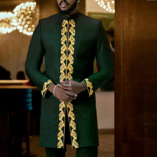 Kaftan 2 Piece Sets Mens Outfit Embroidered Long - sleeved Top Trousers African Ethnic Style Wedding Men's Suits Clothing Fashion - SHOWLU FASHION STORE