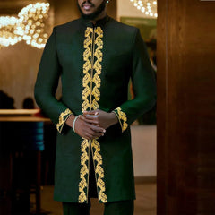 Kaftan 2 Piece Sets Mens Outfit Embroidered Long - sleeved Top Trousers African Ethnic Style Wedding Men's Suits Clothing Fashion - SHOWLU FASHION STORE