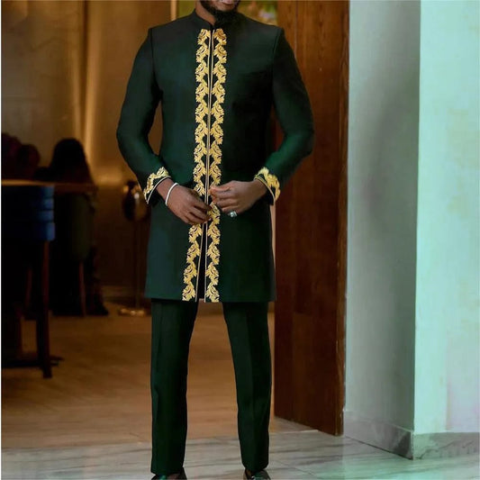Kaftan 2 Piece Sets Mens Outfit Embroidered Long - sleeved Top Trousers African Ethnic Style Wedding Men's Suits Clothing Fashion - SHOWLU FASHION STORE