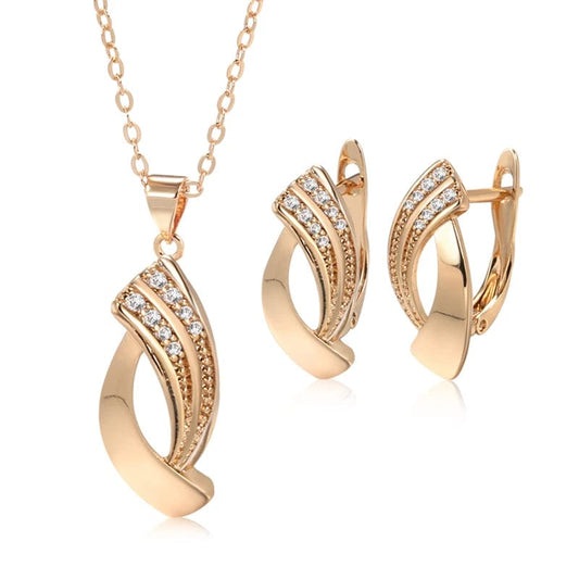Kinel Hot Trend Glossy Dangle Earrings Necklace Sets 585 Rose Gold Simple Geometry Natural Zircon Women Daily Fine Jewelry Sets - SHOWLU FASHION STORE