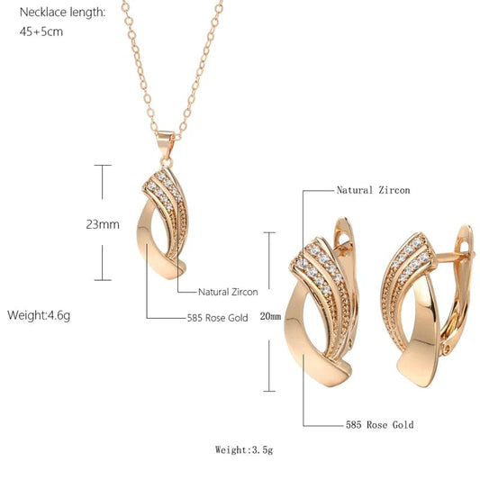 Kinel Hot Trend Glossy Dangle Earrings Necklace Sets 585 Rose Gold Simple Geometry Natural Zircon Women Daily Fine Jewelry Sets - SHOWLU FASHION STORE