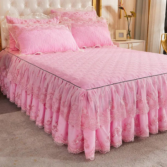 Korea Solid Brushed Bedspread Set Lace Quilted Queen King Size Ruffles Bedskirt Double Bed Cover with 2 Pillowcases - SHOWLU FASHION STORE