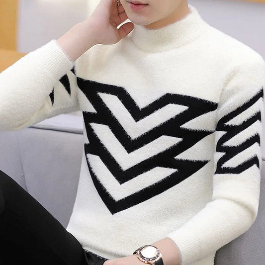 Korean Version Style Up Uppolo/Turtle Neck Sweater Loose Fit Versatile Winter Stretch Knitted Top Outer Wear Plush Top For Men - SHOWLU FASHION STORE