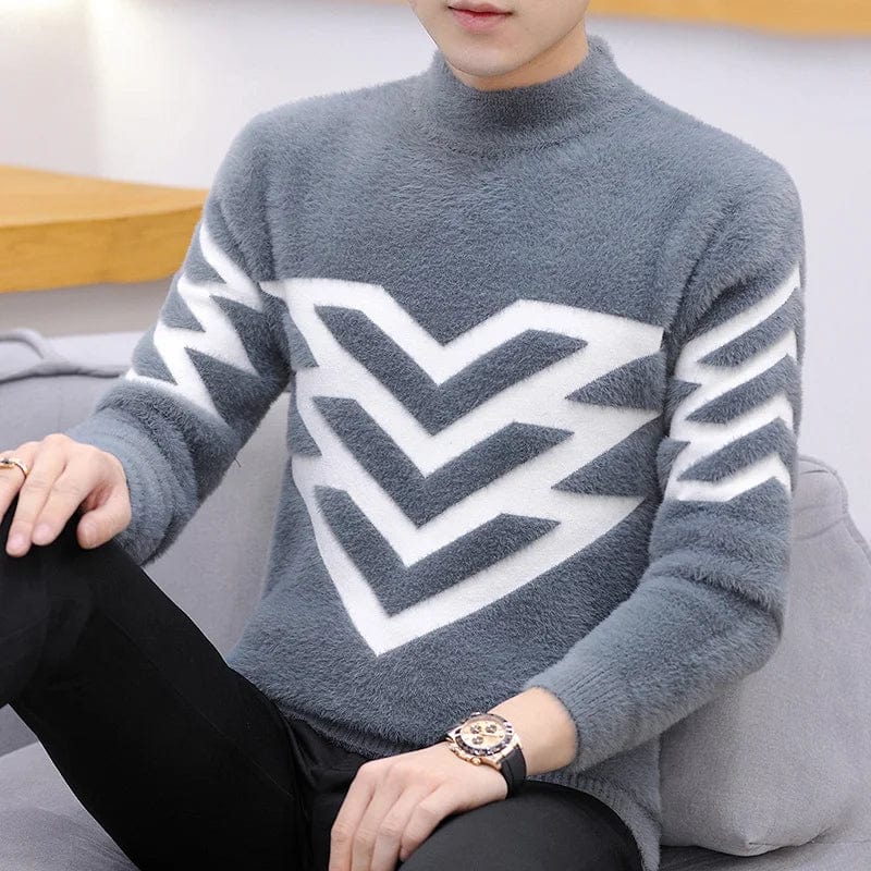 Korean Version Style Up Uppolo/Turtle Neck Sweater Loose Fit Versatile Winter Stretch Knitted Top Outer Wear Plush Top For Men - SHOWLU FASHION STORE