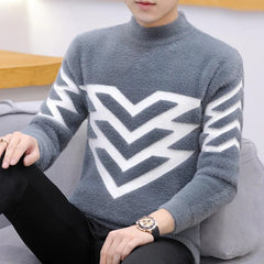 Korean Version Style Up Uppolo/Turtle Neck Sweater Loose Fit Versatile Winter Stretch Knitted Top Outer Wear Plush Top For Men - SHOWLU FASHION STORE