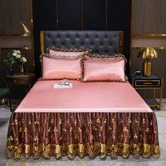 Lace Fitted Bed Sheet Luxury Bedding Set Romantic Ice Mat Folding Embroidered Sheets Linen Bedding Queen Bedspread with Skirt - SHOWLU FASHION STORE