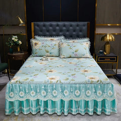 Lace Fitted Bed Sheet Luxury Bedding Set Romantic Ice Mat Folding Embroidered Sheets Linen Bedding Queen Bedspread with Skirt - SHOWLU FASHION STORE