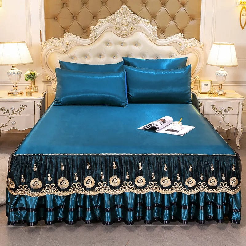 Lace Fitted Bed Sheet Luxury Bedding Set Romantic Ice Mat Folding Embroidered Sheets Linen Bedding Queen Bedspread with Skirt - SHOWLU FASHION STORE