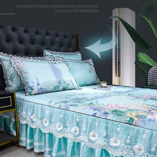 Lace Fitted Bed Sheet Luxury Bedding Set Romantic Ice Mat Folding Embroidered Sheets Linen Bedding Queen Bedspread with Skirt - SHOWLU FASHION STORE