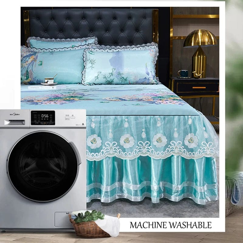 Lace Fitted Bed Sheet Luxury Bedding Set Romantic Ice Mat Folding Embroidered Sheets Linen Bedding Queen Bedspread with Skirt - SHOWLU FASHION STORE