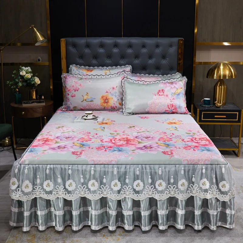 Lace Fitted Bed Sheet Luxury Bedding Set Romantic Ice Mat Folding Embroidered Sheets Linen Bedding Queen Bedspread with Skirt - SHOWLU FASHION STORE