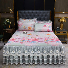 Lace Fitted Bed Sheet Luxury Bedding Set Romantic Ice Mat Folding Embroidered Sheets Linen Bedding Queen Bedspread with Skirt - SHOWLU FASHION STORE
