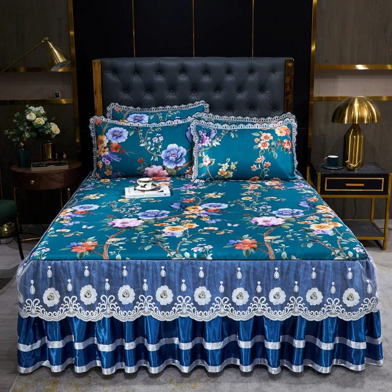 Lace Fitted Bed Sheet Luxury Bedding Set Romantic Ice Mat Folding Embroidered Sheets Linen Bedding Queen Bedspread with Skirt - SHOWLU FASHION STORE