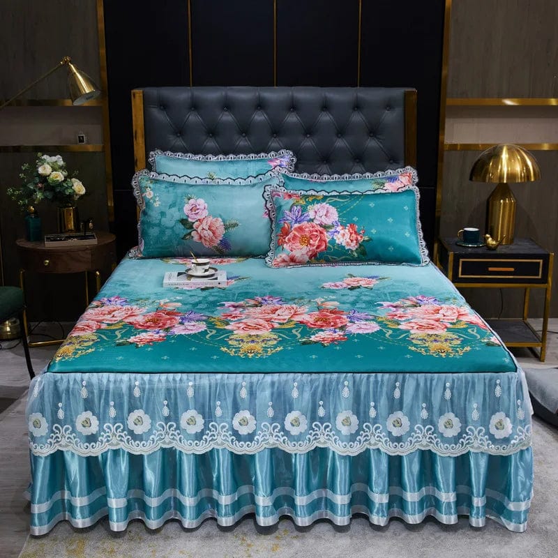 Lace Fitted Bed Sheet Luxury Bedding Set Romantic Ice Mat Folding Embroidered Sheets Linen Bedding Queen Bedspread with Skirt - SHOWLU FASHION STORE