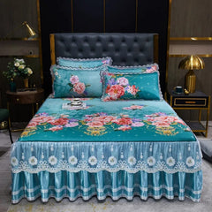 Lace Fitted Bed Sheet Luxury Bedding Set Romantic Ice Mat Folding Embroidered Sheets Linen Bedding Queen Bedspread with Skirt - SHOWLU FASHION STORE