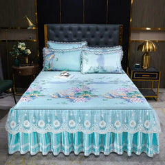 Lace Fitted Bed Sheet Luxury Bedding Set Romantic Ice Mat Folding Embroidered Sheets Linen Bedding Queen Bedspread with Skirt - SHOWLU FASHION STORE