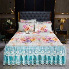 Lace Fitted Bed Sheet Luxury Bedding Set Romantic Ice Mat Folding Embroidered Sheets Linen Bedding Queen Bedspread with Skirt - SHOWLU FASHION STORE