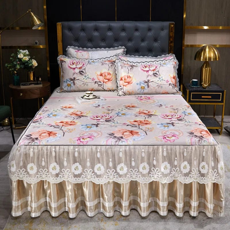 Lace Fitted Bed Sheet Luxury Bedding Set Romantic Ice Mat Folding Embroidered Sheets Linen Bedding Queen Bedspread with Skirt - SHOWLU FASHION STORE