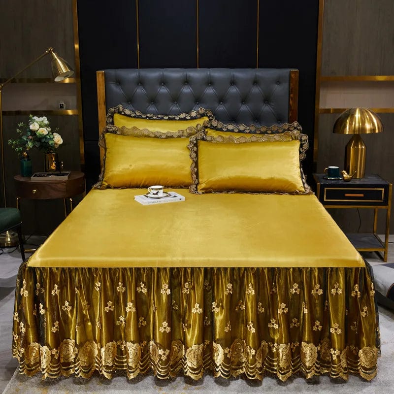 Lace Fitted Bed Sheet Luxury Bedding Set Romantic Ice Mat Folding Embroidered Sheets Linen Bedding Queen Bedspread with Skirt - SHOWLU FASHION STORE