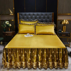 Lace Fitted Bed Sheet Luxury Bedding Set Romantic Ice Mat Folding Embroidered Sheets Linen Bedding Queen Bedspread with Skirt - SHOWLU FASHION STORE