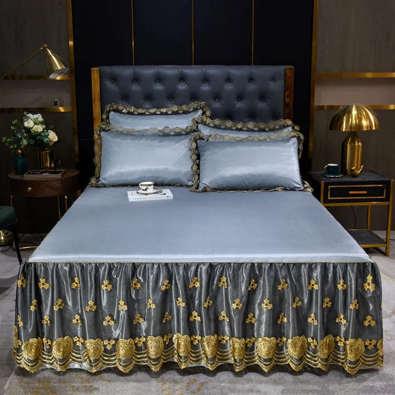 Lace Fitted Bed Sheet Luxury Bedding Set Romantic Ice Mat Folding Embroidered Sheets Linen Bedding Queen Bedspread with Skirt - SHOWLU FASHION STORE