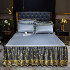 Lace Fitted Bed Sheet Luxury Bedding Set Romantic Ice Mat Folding Embroidered Sheets Linen Bedding Queen Bedspread with Skirt - SHOWLU FASHION STORE