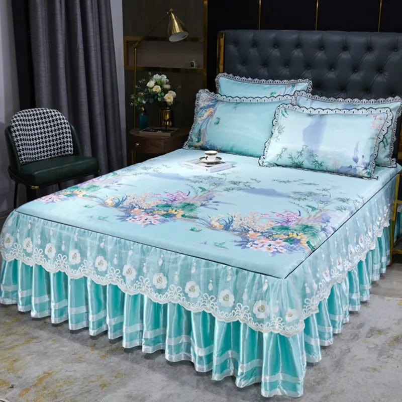 Lace Fitted Bed Sheet Luxury Bedding Set Romantic Ice Mat Folding Embroidered Sheets Linen Bedding Queen Bedspread with Skirt - SHOWLU FASHION STORE