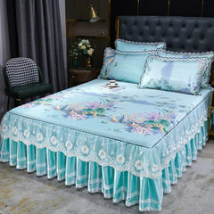 Lace Fitted Bed Sheet Luxury Bedding Set Romantic Ice Mat Folding Embroidered Sheets Linen Bedding Queen Bedspread with Skirt - SHOWLU FASHION STORE