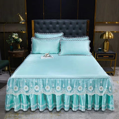 Lace Fitted Bed Sheet Luxury Bedding Set Romantic Ice Mat Folding Embroidered Sheets Linen Bedding Queen Bedspread with Skirt - SHOWLU FASHION STORE