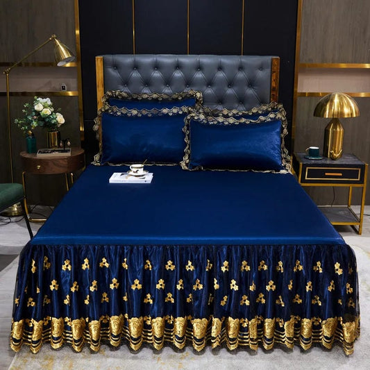 Lace Fitted Bed Sheet Luxury Bedding Set Romantic Ice Mat Folding Embroidered Sheets Linen Bedding Queen Bedspread with Skirt - SHOWLU FASHION STORE