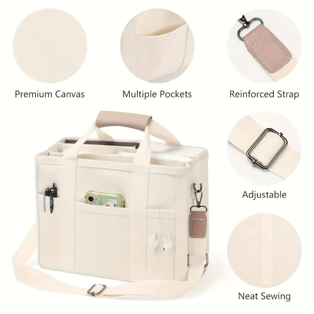 Large Capacity Multi Pocket Shoulder Bag With Compartment, Versatile Handbag With Durable Handles, Beige - SHOWLU FASHION STORE
