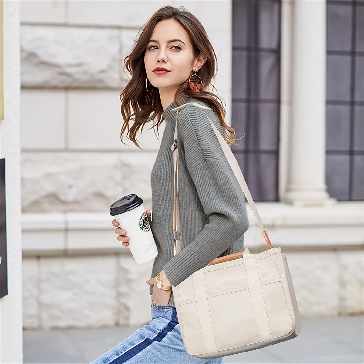 Large Capacity Multi Pocket Shoulder Bag With Compartment, Versatile Handbag With Durable Handles, Beige - SHOWLU FASHION STORE