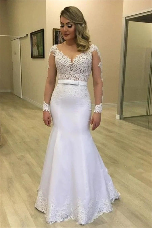 Long Sleeves Mermaid Wedding Dresses See Through Back Custom Made Appliques Bridal Gowns Modest Vestidos De Novia - SHOWLU FASHION STORE