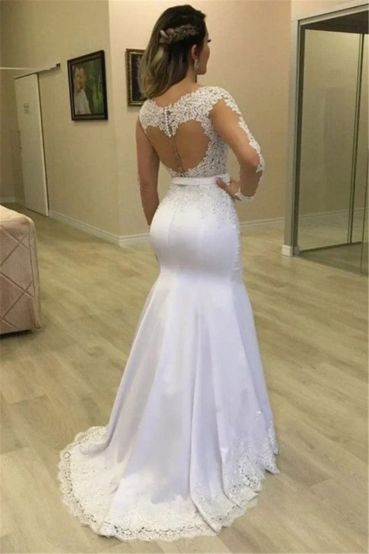 Long Sleeves Mermaid Wedding Dresses See Through Back Custom Made Appliques Bridal Gowns Modest Vestidos De Novia - SHOWLU FASHION STORE
