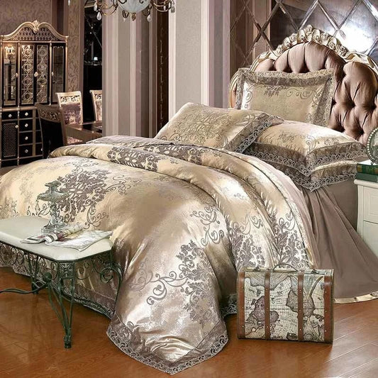 Luxury Jacquard Bedding Set Cotton Duvet Cover Lace Satin Bed Sheet Pillowcases King and Queen Size Bedspread Home Textiles 4PCs - SHOWLU FASHION STORE