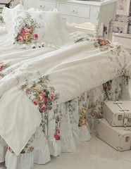Luxury Princess Lace Bedding Set Korean Style 100%Cotton White Flowers Print Ruffles Duvet Cover Bedspread Bed Skirt Pillowcases - SHOWLU FASHION STORE