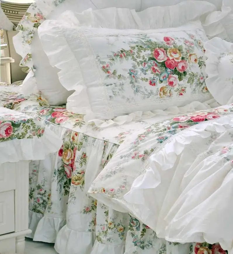 Luxury Princess Lace Bedding Set Korean Style 100%Cotton White Flowers Print Ruffles Duvet Cover Bedspread Bed Skirt Pillowcases - SHOWLU FASHION STORE