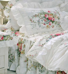 Luxury Princess Lace Bedding Set Korean Style 100%Cotton White Flowers Print Ruffles Duvet Cover Bedspread Bed Skirt Pillowcases - SHOWLU FASHION STORE